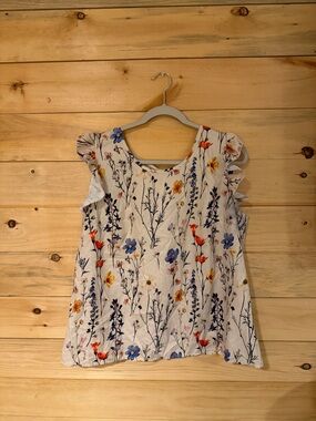 SHEIN Cream Floral Ruffle-Shoulder Camisole with Blue, Orange & Yellow Blooms